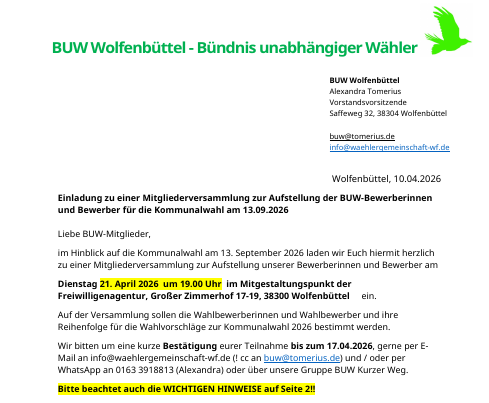 Einladung zur Aufstellungsversammlung